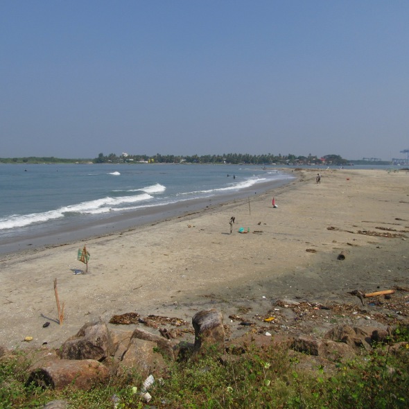 The beach at Fort Kochi looking towards Willingdon Island (the largest man-made island in India)